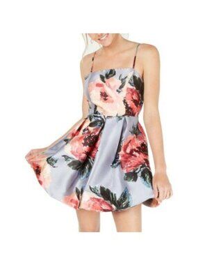 Crystal Doll Juniors Gray Floral Print Satin Bubble Hem Party Mini Dress Size 5